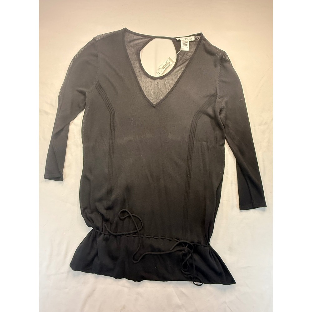 White House Black Market Black Sheer Knit V-Neck Tunic Top Keyhole Back XL NEW